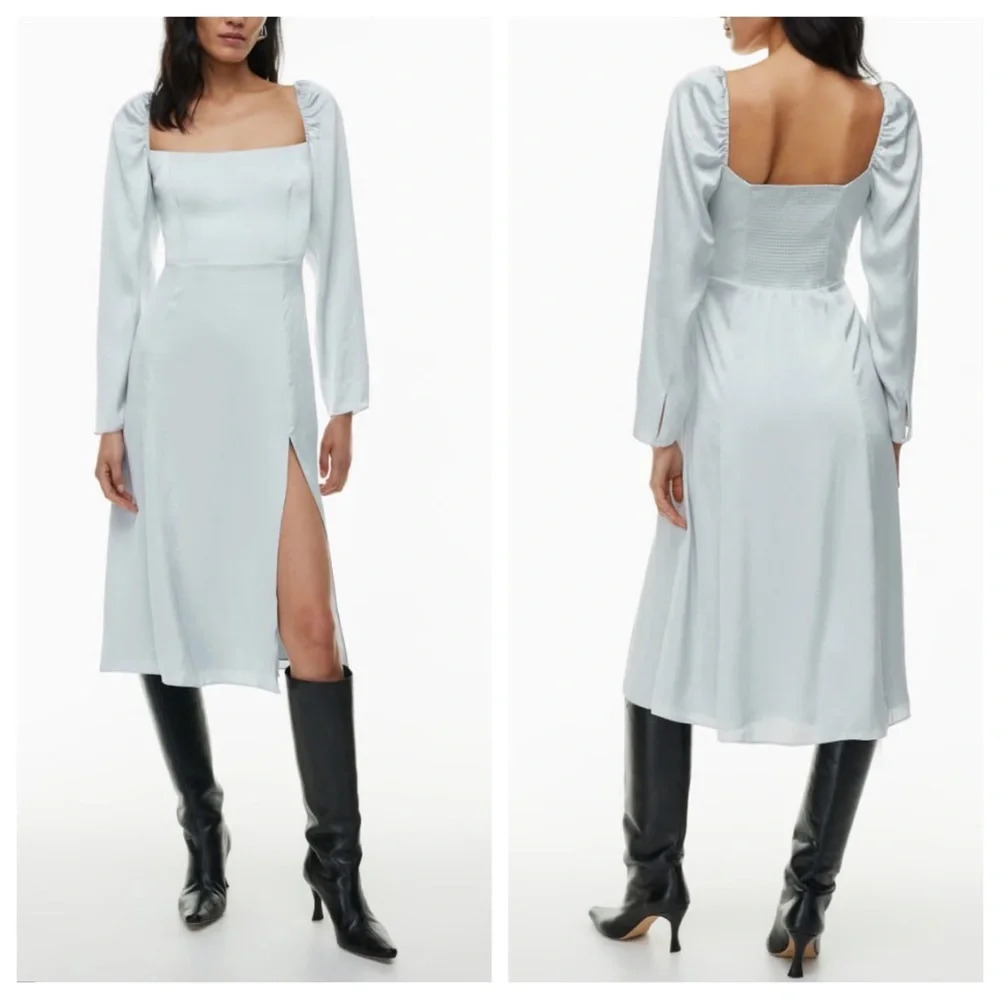 Wilfred Aritzia Bridgerton Satin midi Dress light gray smocked 22458